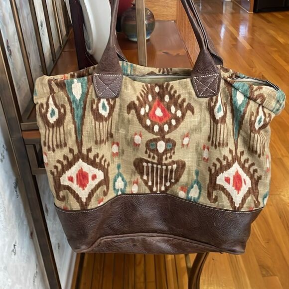 VeeShee Canvas Leather Shoulder Tote Bag Large 14" x 15" x 6" Brown/Tan Gray USA - Picture 4 of 10